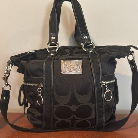 Coach, Poppy Daisy, black signature tote, red lining large - Picture 2 of 16